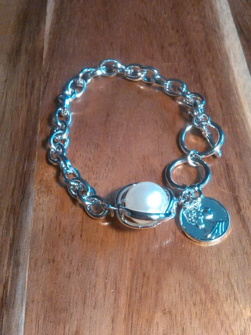 Cameo Design Charm and Simulated Pearl Silvertone Toggle Clasp Bracelet